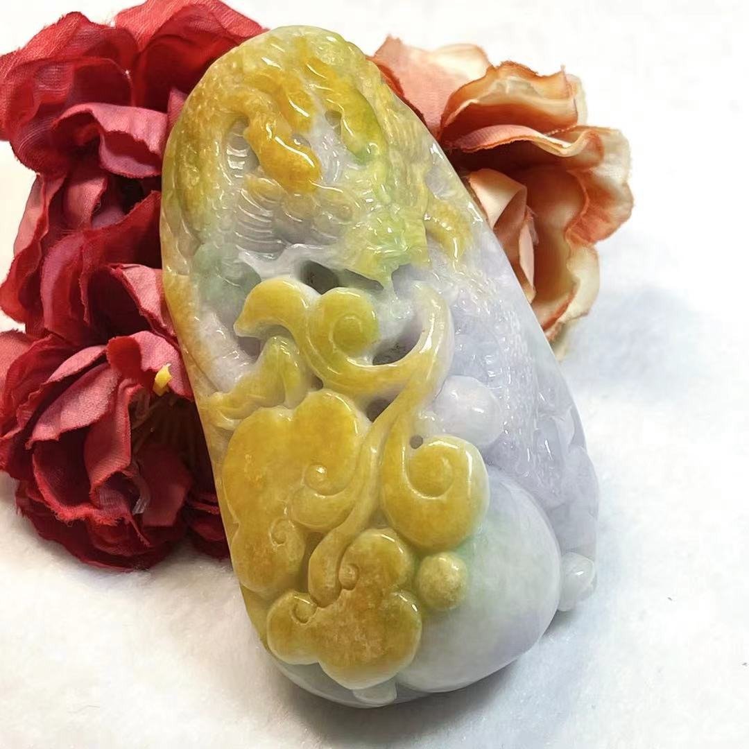 多宝晶石/天然翡翠A货大龙牌/男生玉佩/三彩龙牌/龙手把件/附证书 - 项链 - 玉石 多色