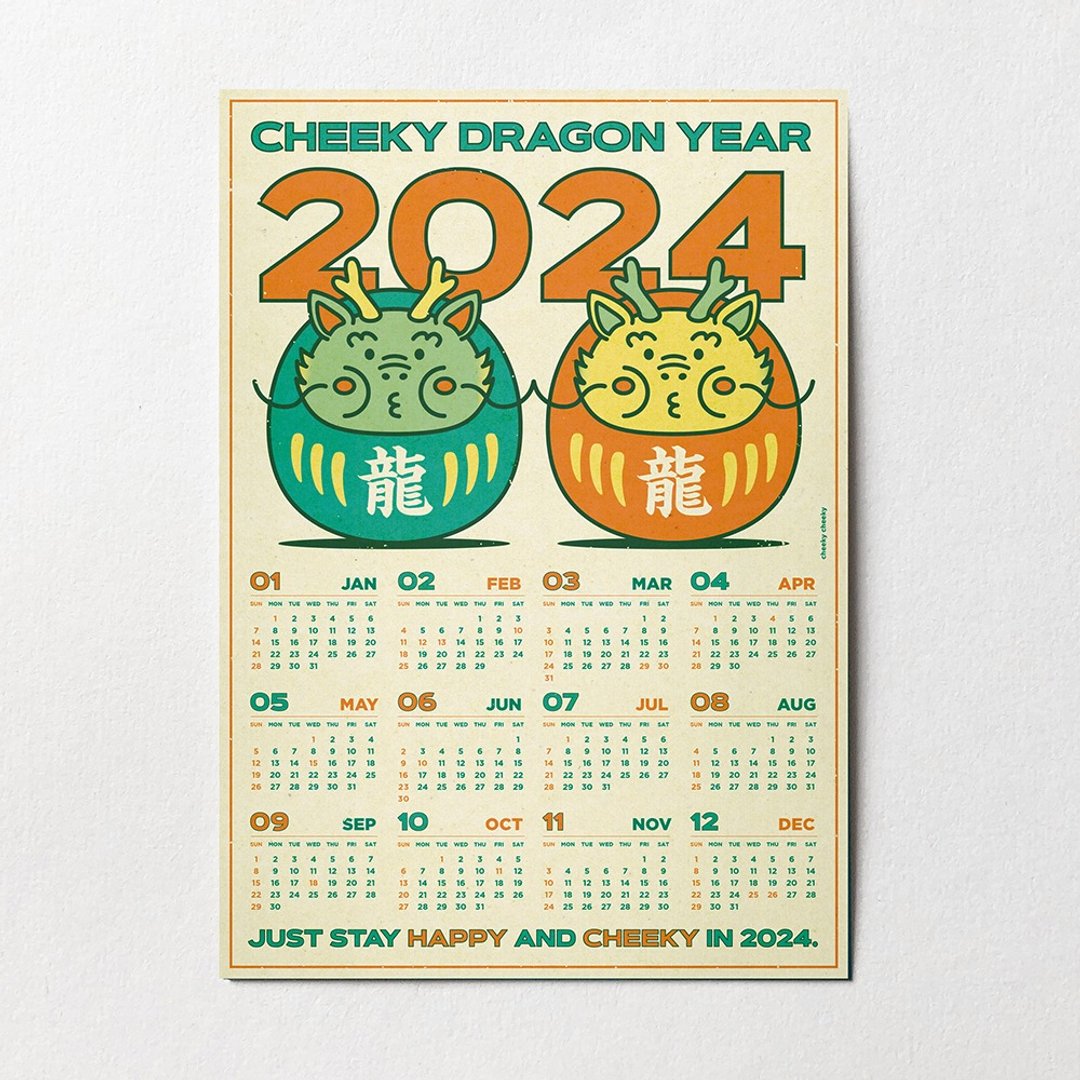 cheeky cheeky 龙年 厚达摩 A3 复古风格 2024 年历海报 香港假期 - 年历/台历 - 纸 白色