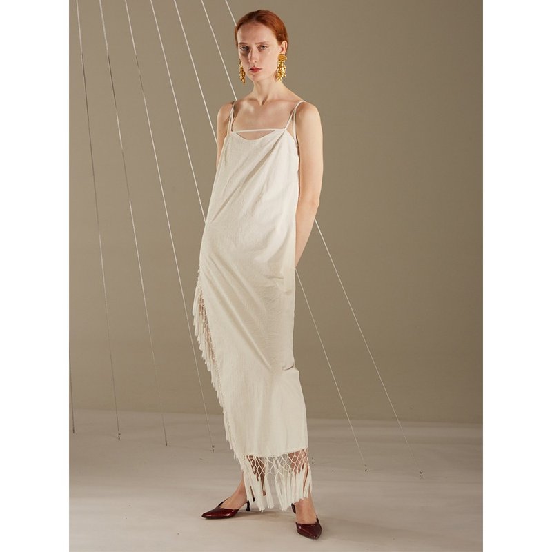 RIMLESS无边 鸟浪原创图案刺绣拼接流苏摆吊带裙设计感开叉连衣裙 - 洋装/连衣裙 - 其他材质 