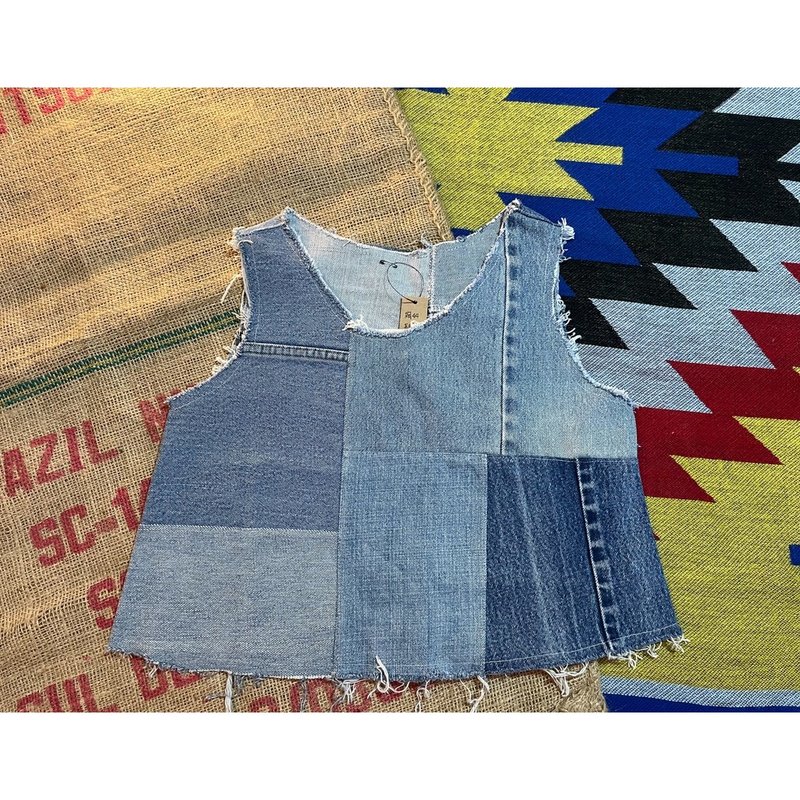 Regether 古着改制 牛仔拼接背心 - 女装背心 - 棉．麻 蓝色
