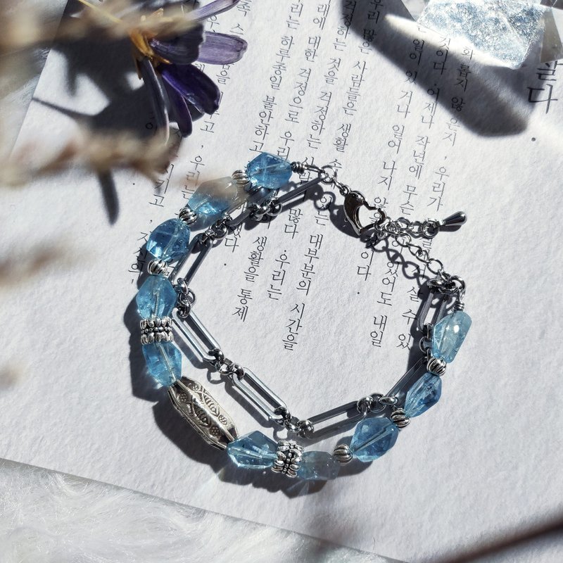 碧波 925银钛钢海蓝宝随形鱼纹双层手链手链 - 手链/手环 - 水晶 蓝色