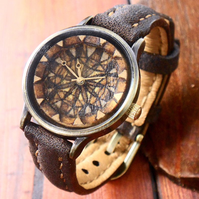 复古经典木雕刻 手工表 手工制作表面 手工表带 只得一只 - 女表 - 真皮 咖啡色