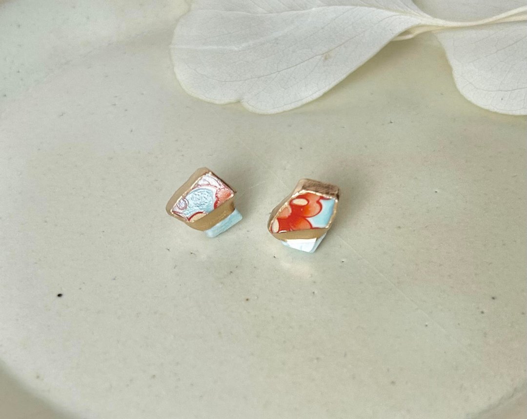 有田烧 金继 医疗级不锈钢耳针 橘色 花柄 海蓝宝石 天然石 传统工艺 No.58 - 耳环/耳夹 - 陶 橘色