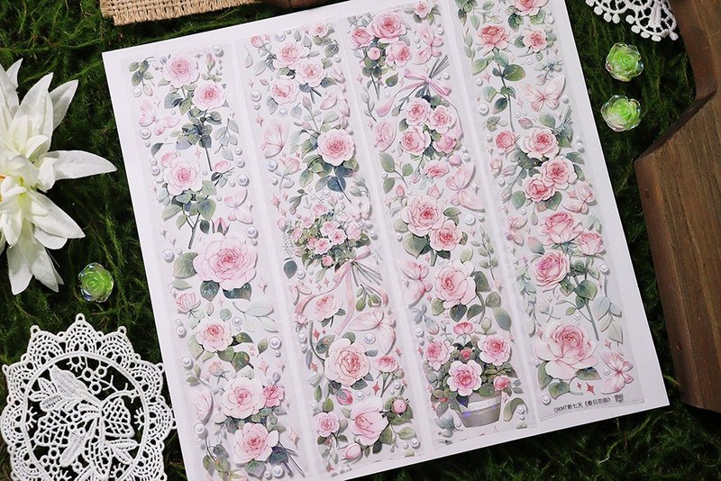 OKMT新七天流麻咕卡贴纸PET手帐手账花卉胶带 春日恋曲 - 纸胶带 - 塑料 粉红色