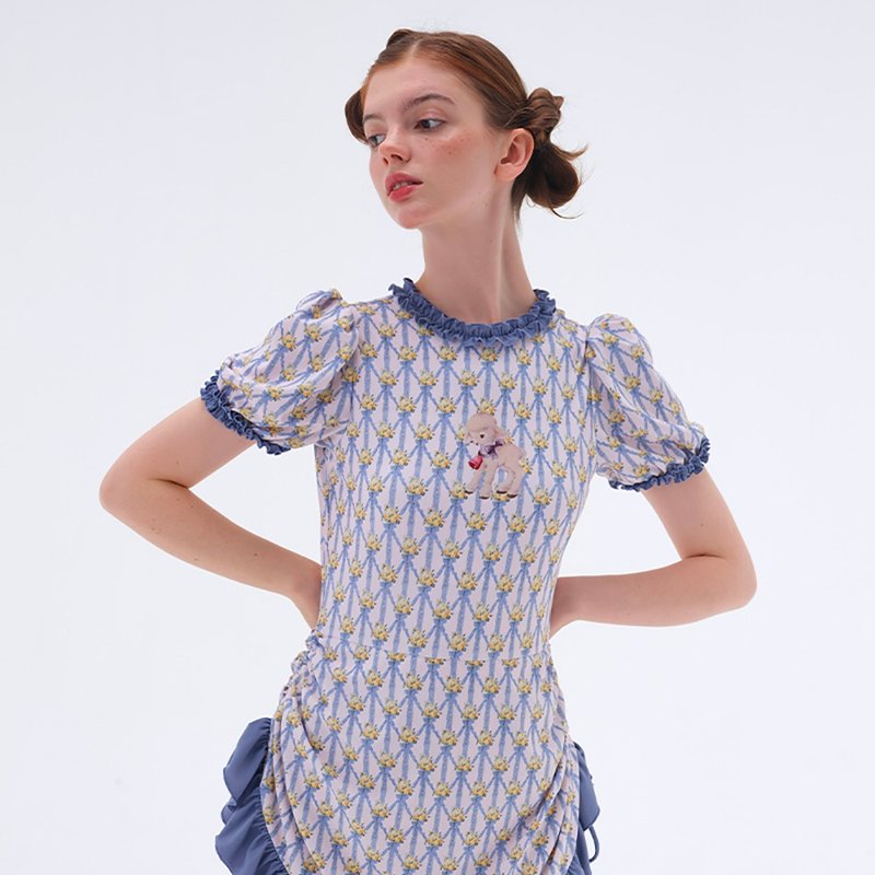 小羊印花 泡泡袖 抽绳小裙子 连体泳衣 - 女装泳衣/比基尼 - 其他材质 