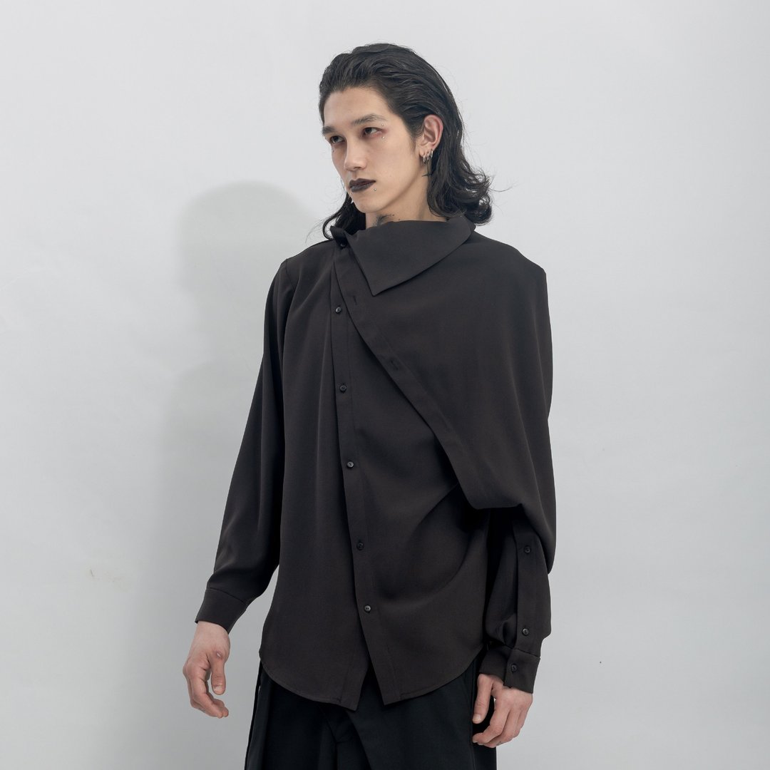 INF 解构门襟一体袖结构衬衫 / 黑 - 男装衬衫 - 聚酯纤维 黑色