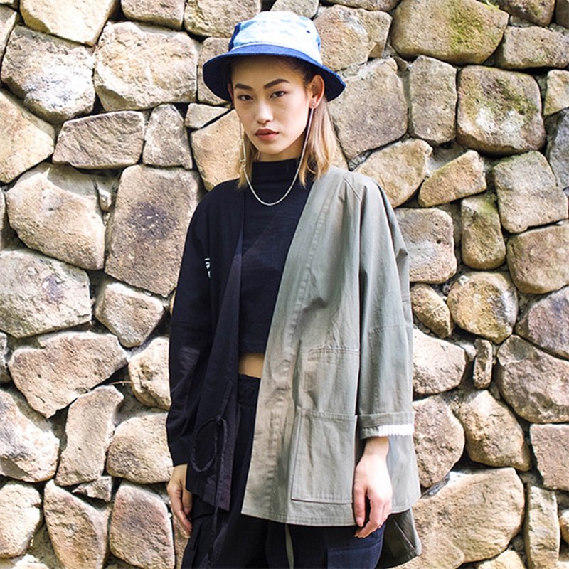 JANWONG日系工装条纹拼接道袍防晒衣和服开衫复古外套定制款 - 背带裤/连体裤 - 其他材质 绿色