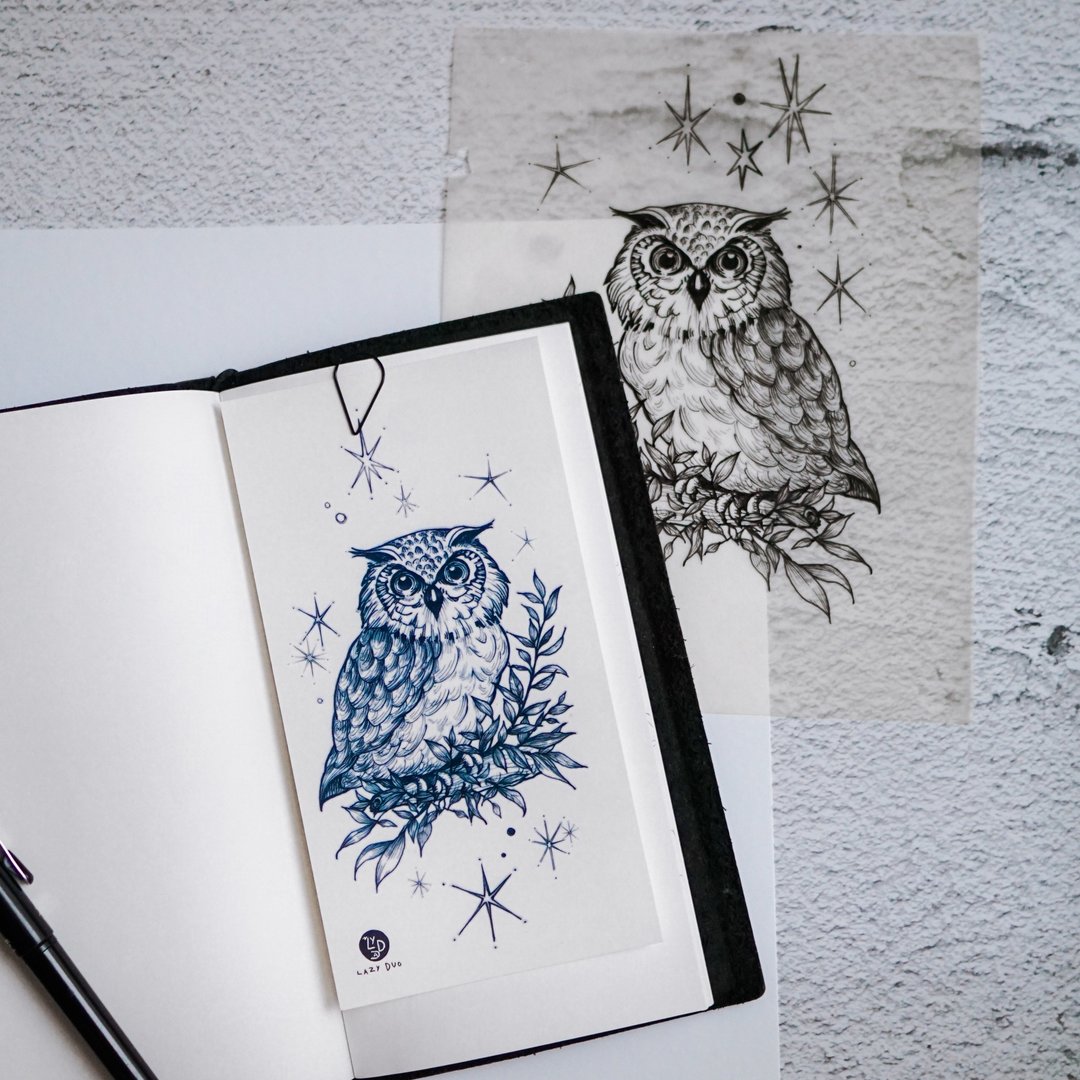 Night Owl Tattoo 猫头鹰刺青纹身贴纸 插画风森林鸟动物纹身刺青 - 纹身贴 - 纸 蓝色