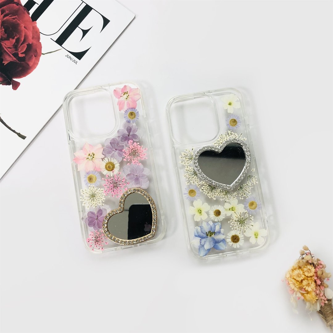 天然手作粉蓝系押花镜子手机壳 适用于iPhone 16 Samsung S25 - 手机壳/手机套 - 植物．花 