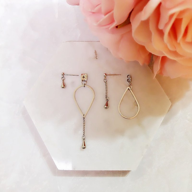 ::天空之迷系列:: 甜蜜浪漫梦幻天空雨天雨滴不对称耳钉耳环花托 / ::Myth of Sky Collection:: Rhodium Plated Asymmetric Raindrop Earrings, Teardrop Dangle Drop Earrings Jacket - 耳环/耳夹 - 其他材质 银色