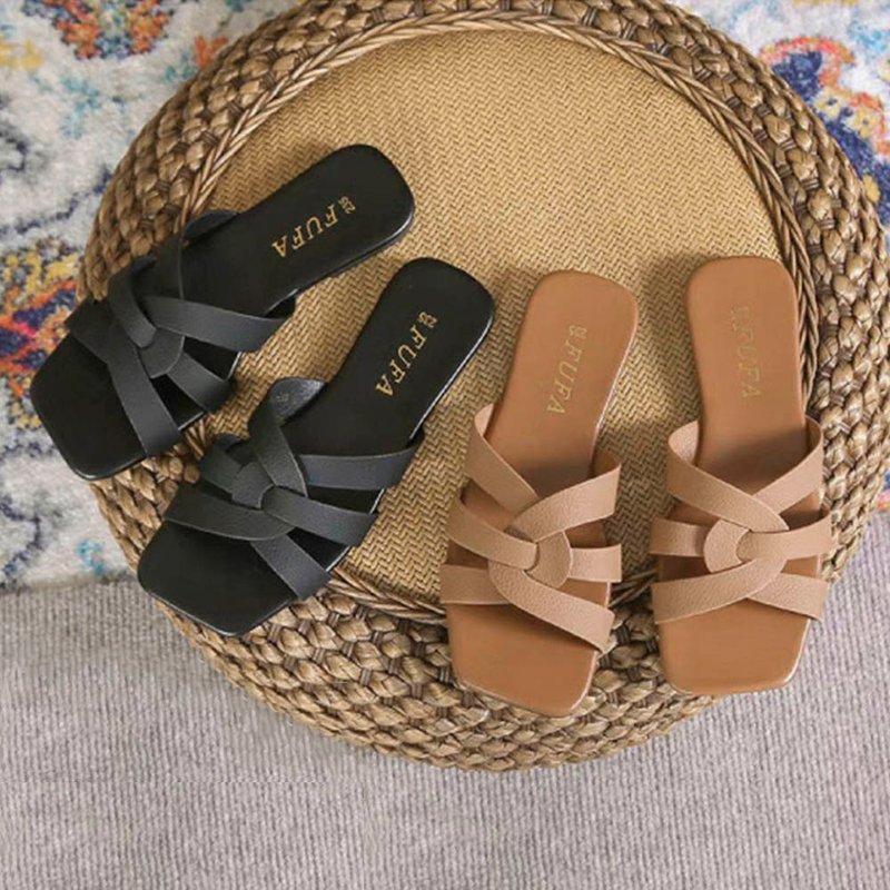 圆弧交叉平底拖鞋-黑/棕 1PLC013 - 拖鞋 - 其他材质 黑色