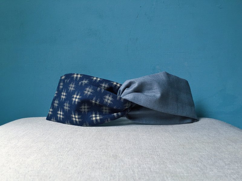 双拼发带 / 井字君 - 灰蓝 - 发带/发箍 - 棉．麻 蓝色