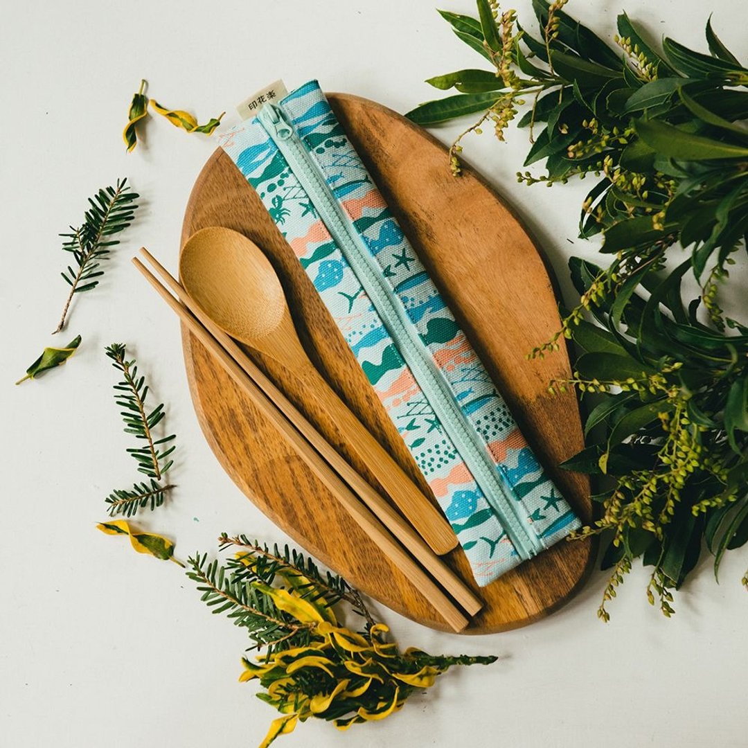 拉链餐具袋(含餐具)/海的宝物_鱼群/浅水蓝 - 筷子/筷架 - 棉 黄色
