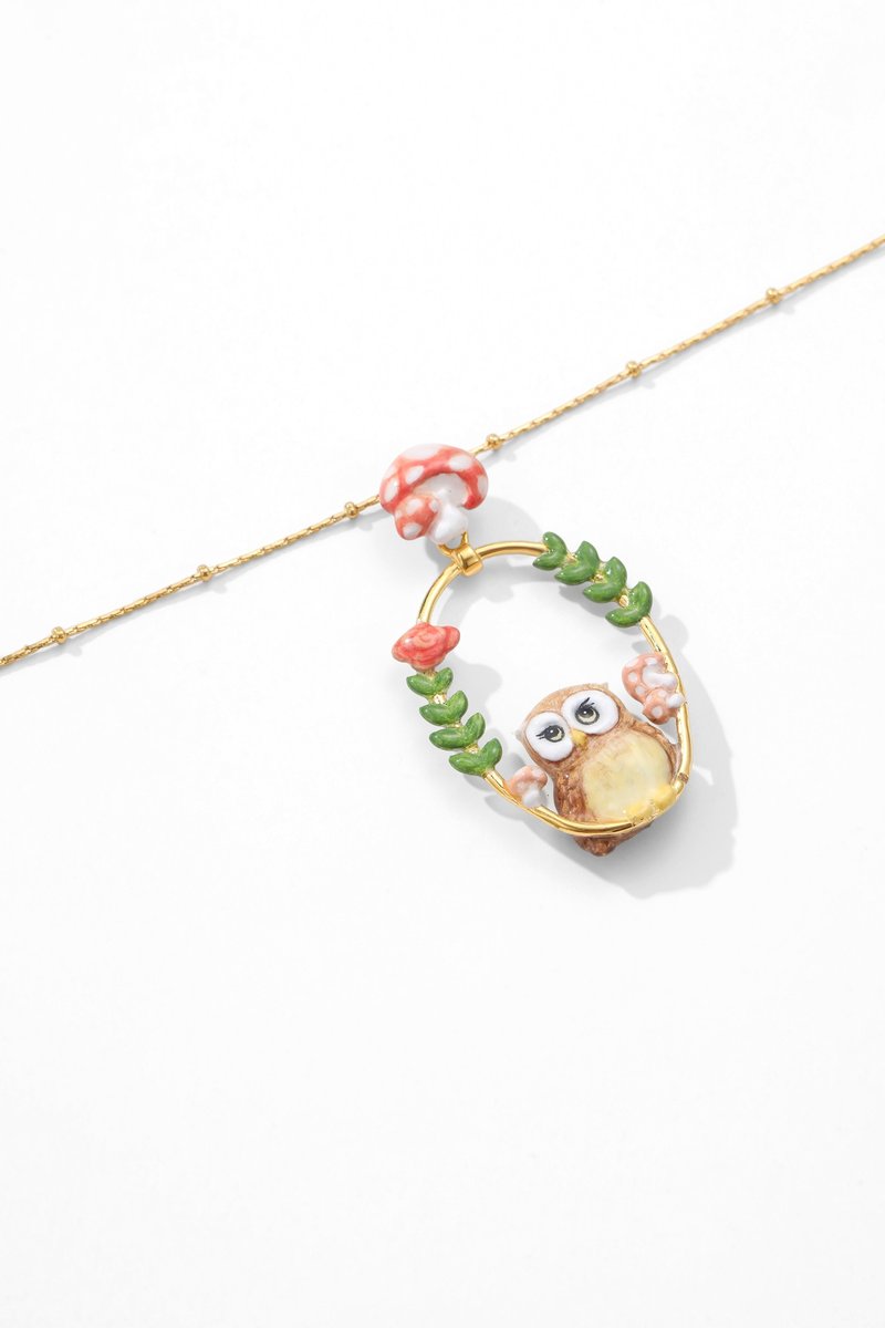 森林小精灵珐琅咖啡猫头鹰项链 - 项链 - 珐琅 