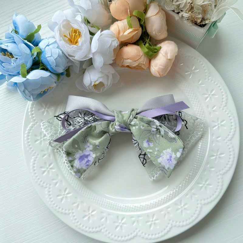 弹夹-棉布蕾丝浪漫风格发夹发饰-灰绿+粉紫色 - 发饰 - 其他材质 绿色