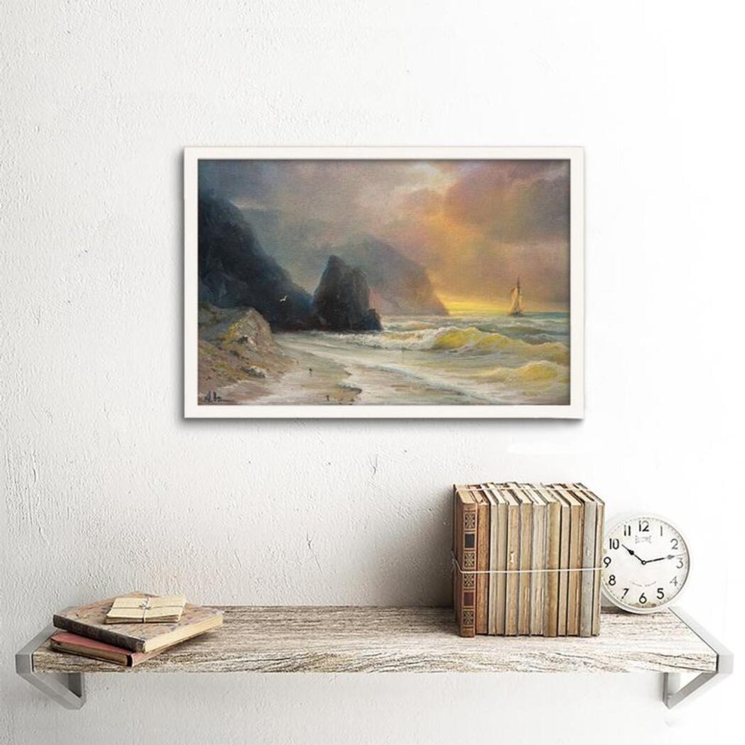 Sailboat Sunset Sea and Rocks Coastal Landscape Ocean Beach Oil Painting Decor - 墙贴/壁贴 - 其他材质 橘色