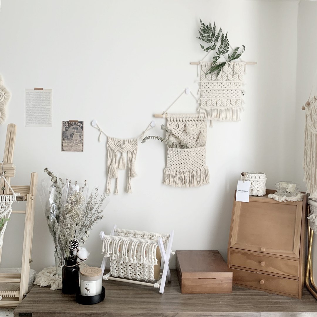 Macrame 编织 收纳 木架 折叠 置物篮 - 收纳用品 - 棉 白色