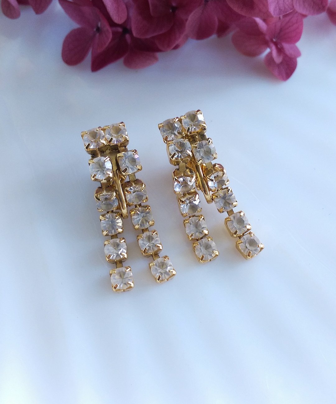 Vintage Jewelry 西洋古董饰品 TRIFARI 白莱茵 小知性 夹式耳环 - 耳环/耳夹 - 其他材质 金色