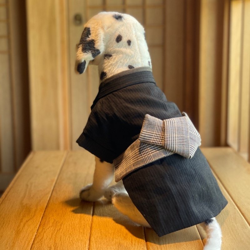 宠物浴衣套装-黑色浴衣配灰色格纹腰带 - 衣/帽 - 棉．麻 黑色