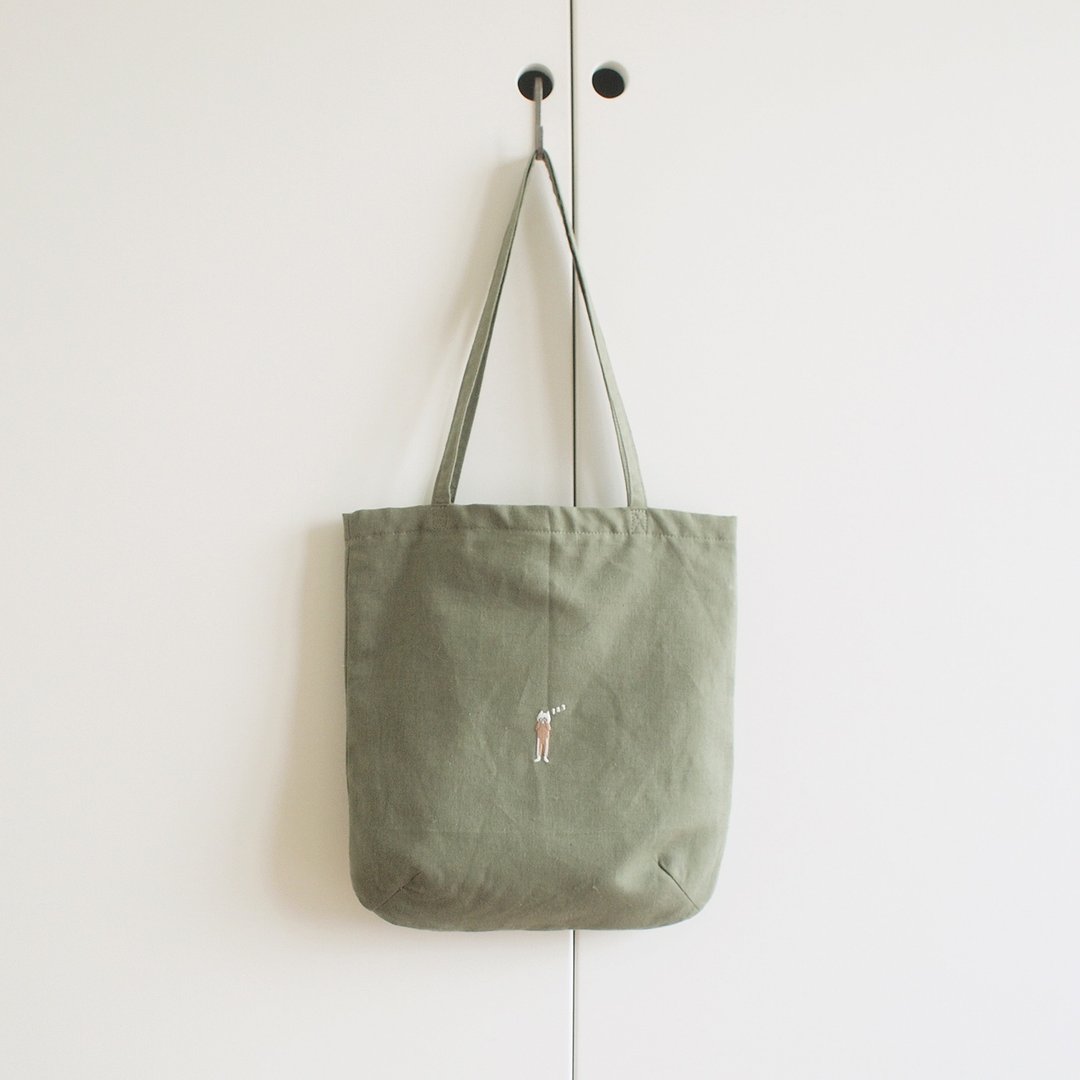 cat boy linen tote bag : olive green - 手提包/手提袋 - 棉．麻 绿色
