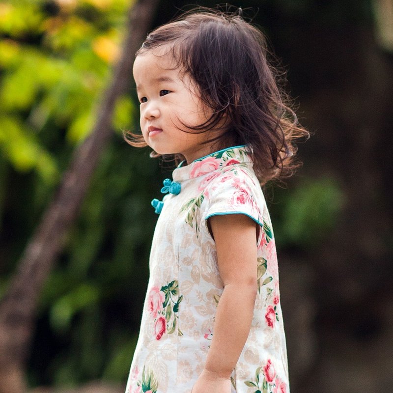 儿童旗袍 古风 秋季款 花系列蔷薇款(米色) - 旗袍 - 棉．麻 