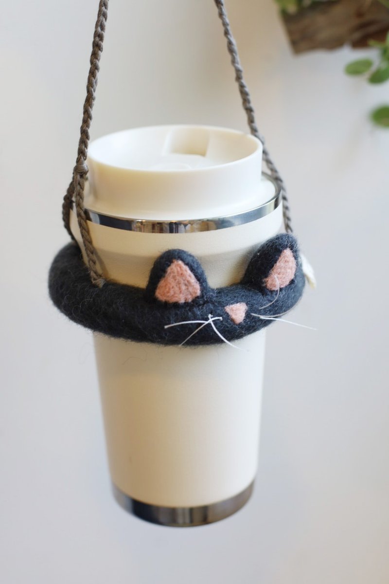 羊毛出在羊山上 羊毛毡  黑猫 猫咪 饮料提袋 杯套 - 随行杯提袋/水壶袋 - 羊毛 黑色