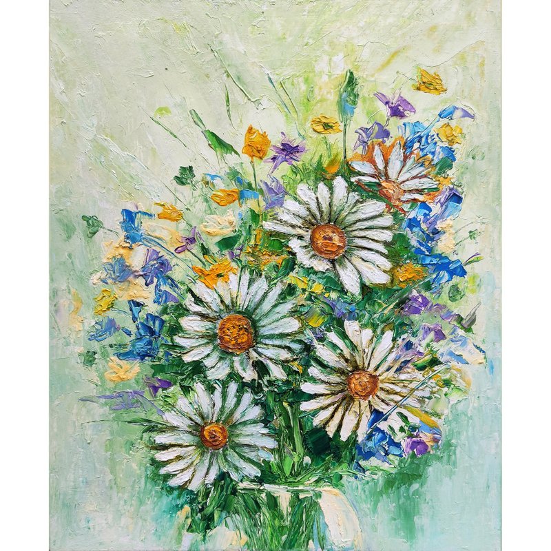 花束原创绘画、雏菊墙壁艺术、花卉厚涂艺术品。手工油画 - 海报/装饰画/版画 - 其他材质 多色
