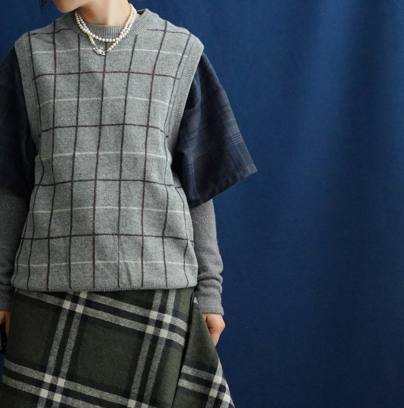 灰色格子毛衣背心外罩针织背心古着vintage - 女装针织衫/毛衣 - 羊毛 灰色