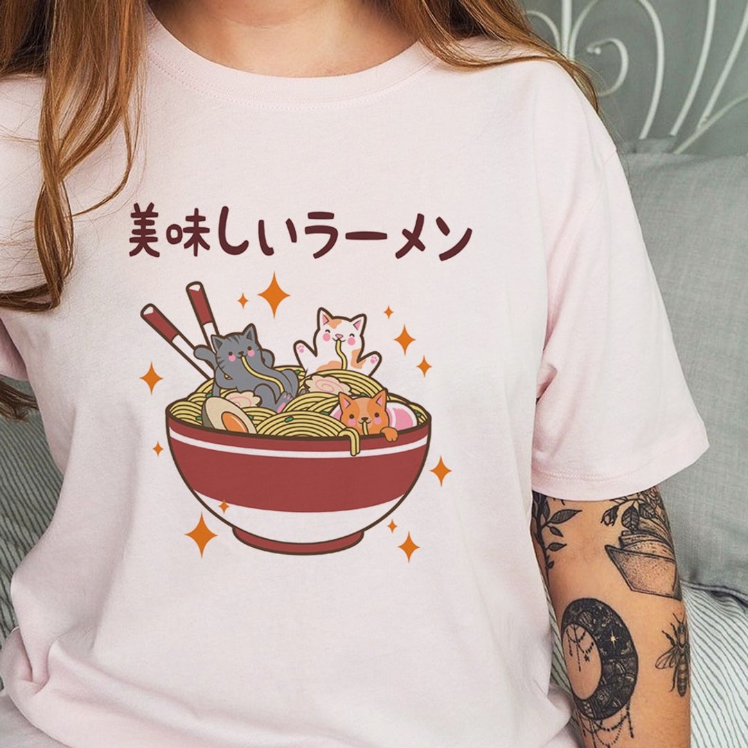 美味的拉面 中性短袖T恤 浅粉 食物美食日本日文礼物猫咪快速出货 - 女装 T 恤 - 棉 粉红色