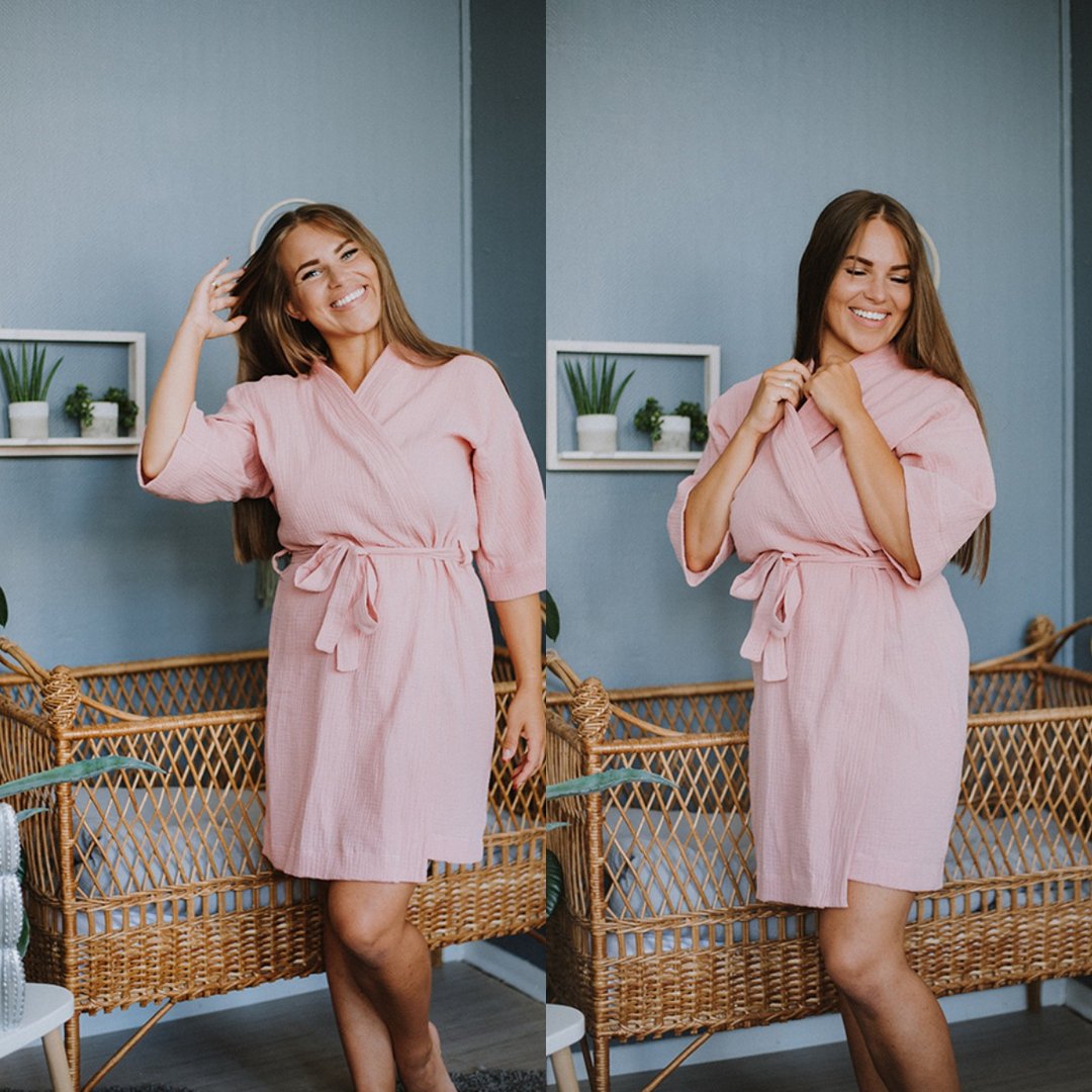 Soft Pink Bathrobe For Women - Muslin Kimono Style Robe - Light And Soft - 居家服/睡衣 - 棉 粉红色