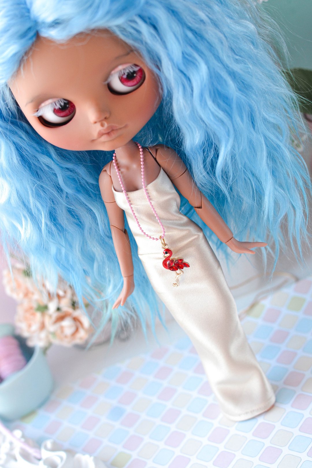 Blythe丝绸礼服晚礼服洋娃娃礼服节日服装cape boa服装衣服 - 玩具/玩偶 - 棉 粉红色