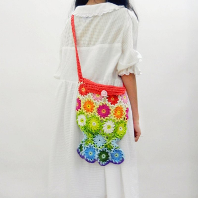 原创·鉤織系列  鱼尾斜挎包 - 侧背包/斜挎包 - 棉．麻 红色