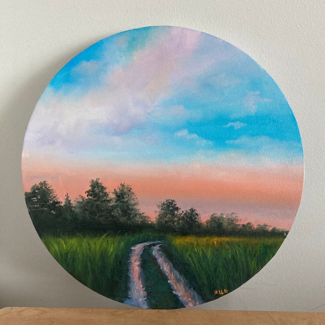 Original Field Oil Painting On Canvas, Landscape Painting, Round Canvas, 风景画 - 海报/装饰画/版画 - 棉 粉红色
