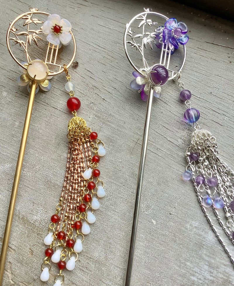 喵手作~窗花竹影双面发簪/白花/蓝紫花 - 发饰 - 其他材质 多色