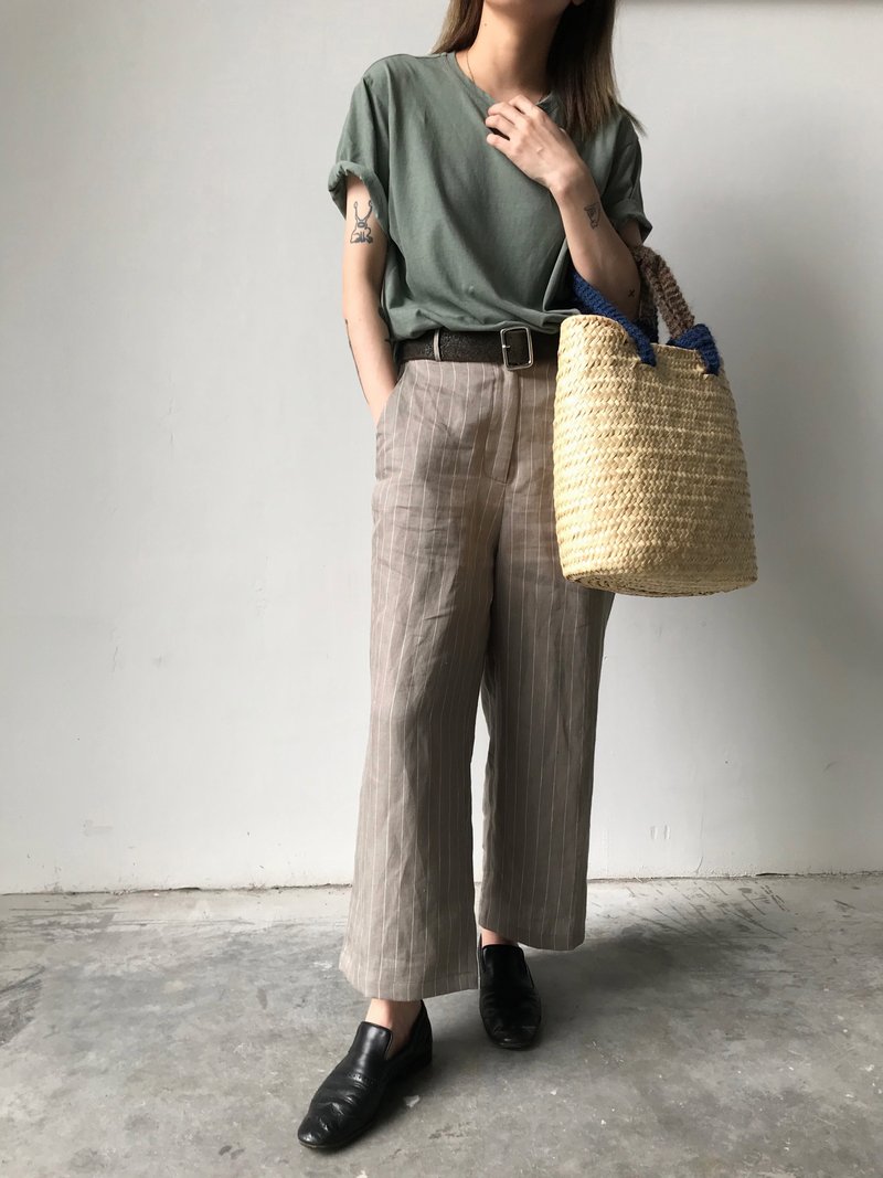 莫蘭迪綠 天然亚麻 条纹休闲寬裤 I Morandi Green Stripe Pants - 女装长裤 - 棉 