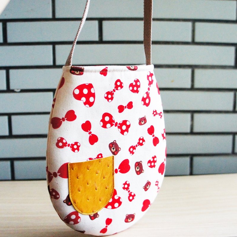 Lovely椭圆口袋随身小包、蝴蝶结小熊 - 手提包/手提袋 - 棉．麻 咖啡色