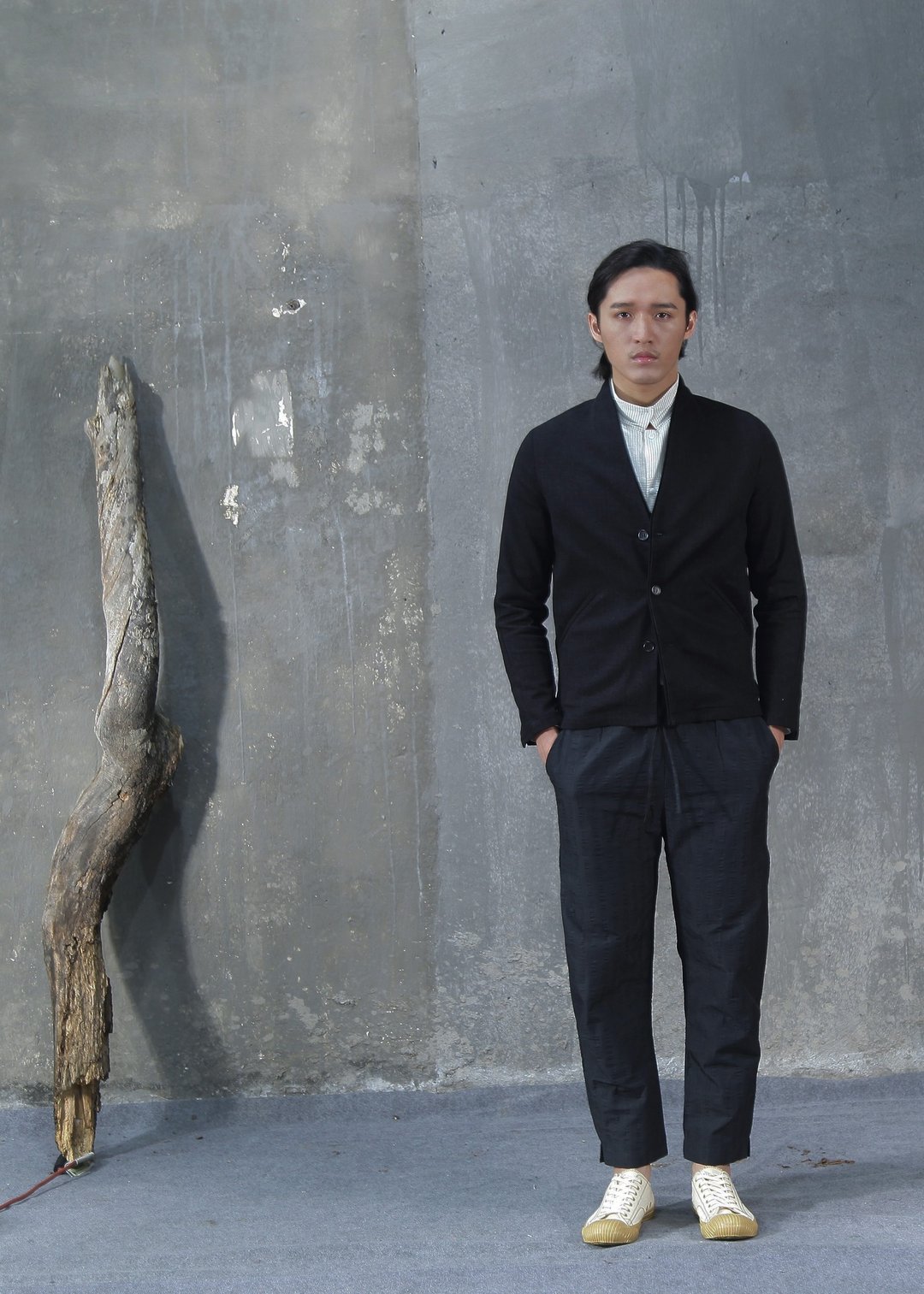 Collarless Wool Blend Jacket - 男装外套 - 羊毛 黑色