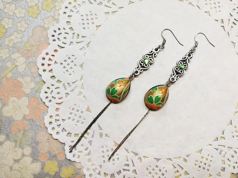 水滴形长垂链耳环 日本友禅纸 和纸(独一商品)GE06-001 - 耳环/耳夹 - 纸 