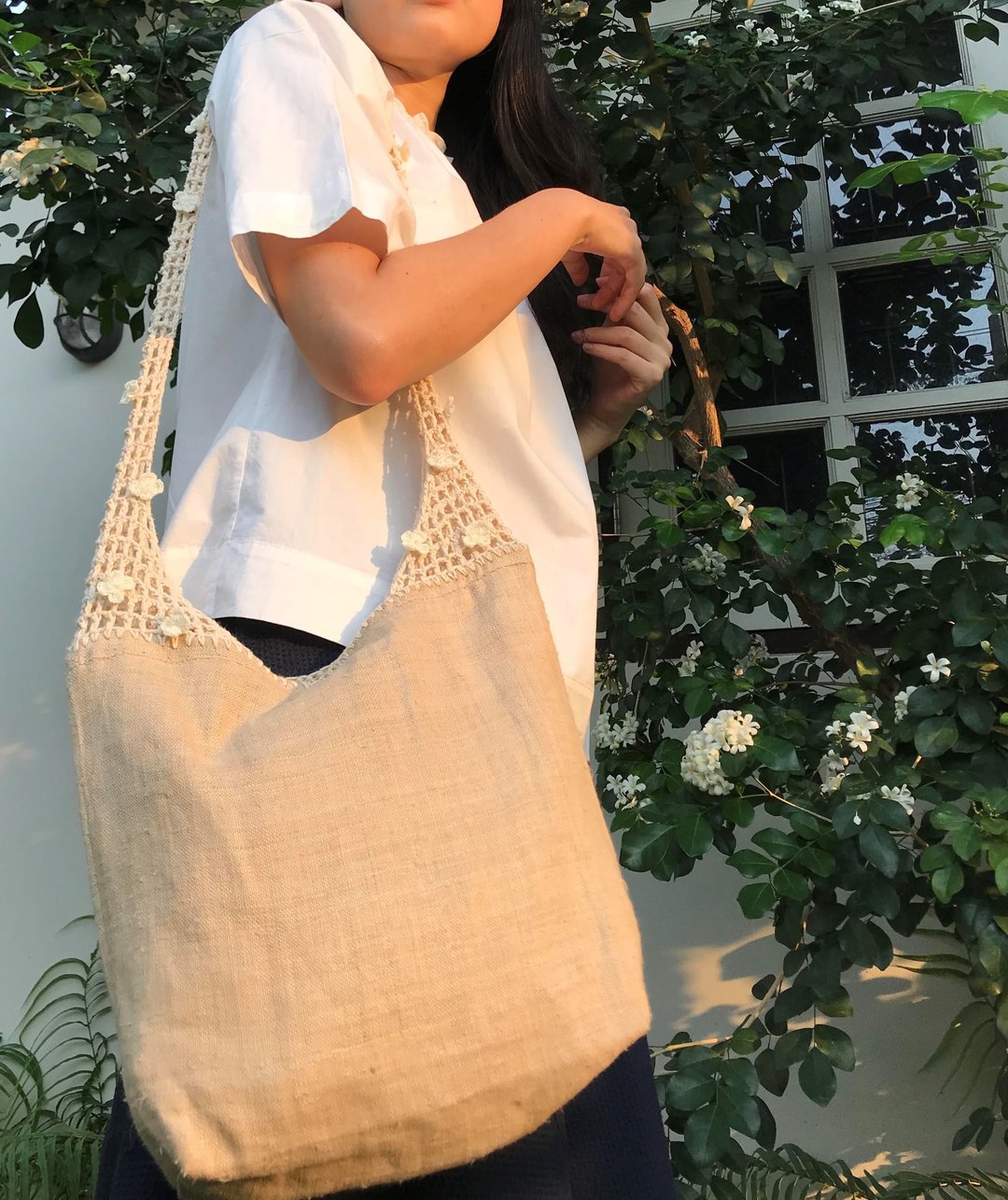 Crochet Tote Bag Hemp,Cotton Flower Vine|Beige - 手提包/手提袋 - 棉 卡其色