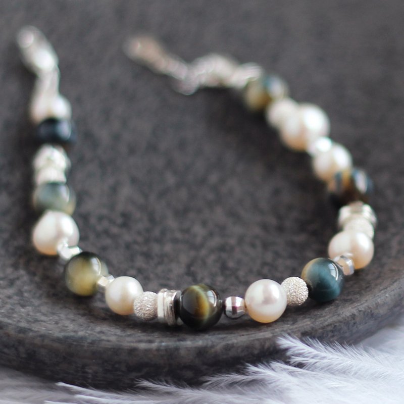 湛蓝迷雾. 天然珍珠手链 蓝黄渐变梦虎眼石  925纯银 成熟优雅 - 手链/手环 - 宝石 白色