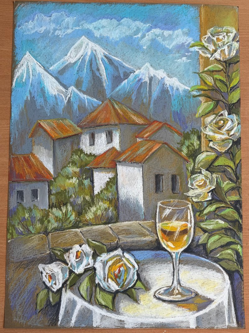 夏日午后 玫瑰 软质油画棒 绘画 静物 酒 房屋屋顶 - 墙贴/壁贴 - 纸 蓝色
