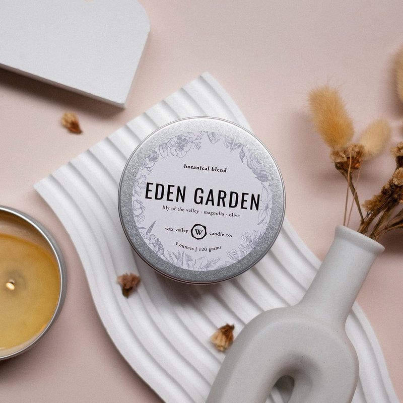 Soy Candle Eden Garden Blend Travel Tin - Lily of the valley, Magnolia & Olive - 蜡烛/烛台 - 其他材质 银色