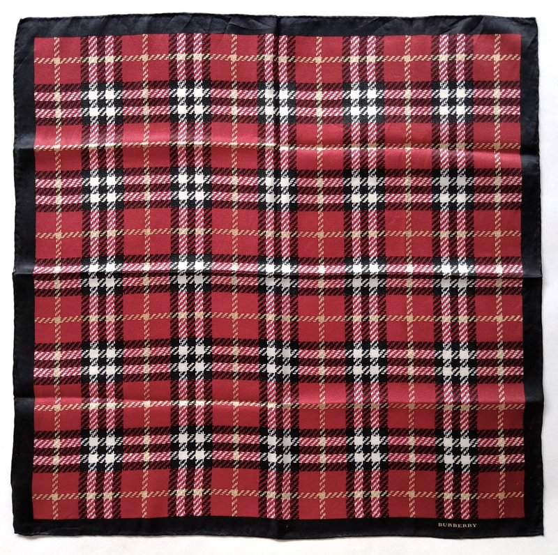 复古 Burberry 丝巾 – 经典红格纹 – 黑边 23 x 23 英寸 - 丝巾 - 丝．绢 红色