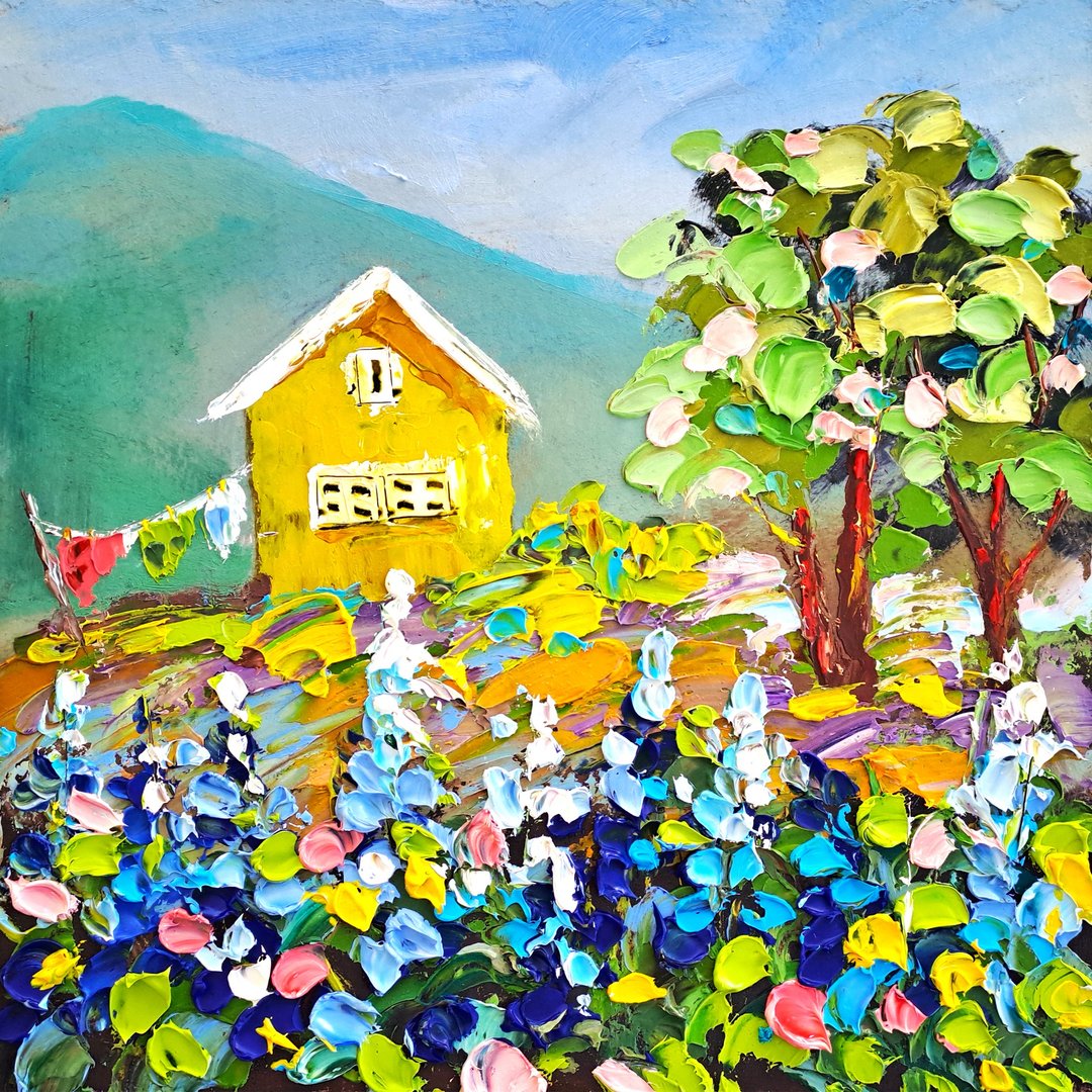 Bluebonnet Painting Texas Original Art Cottage Oil Painting Clothesline Art - 海报/装饰画/版画 - 其他材质 多色