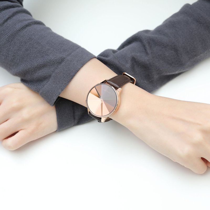 THE DIAMOND系列 - LED玫瑰金色不锈钢配啡色真皮带手表 - 女表 - 不锈钢 多色