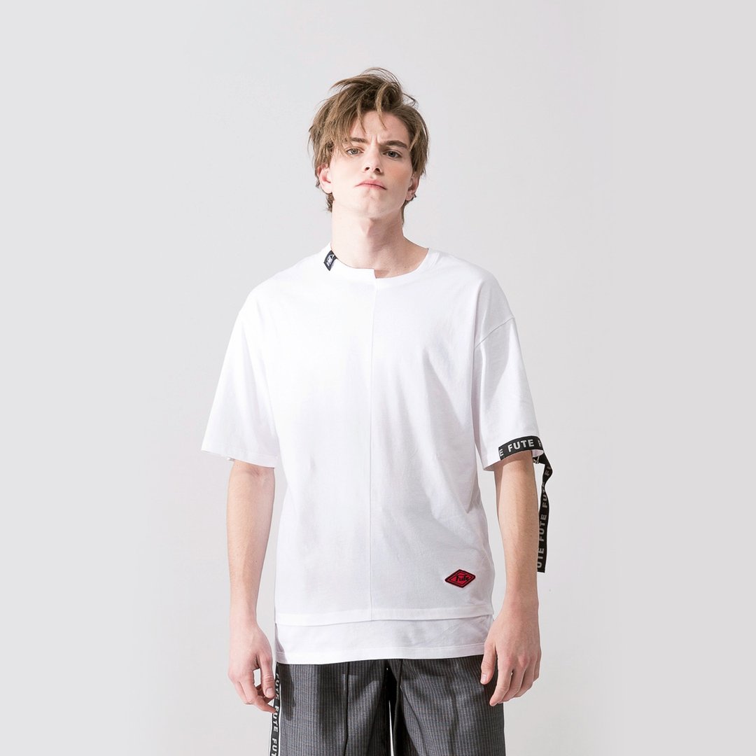 【中性款】 不对称领拼接 短袖t-shirt / 白色 - 男装上衣/T 恤 - 棉 白色