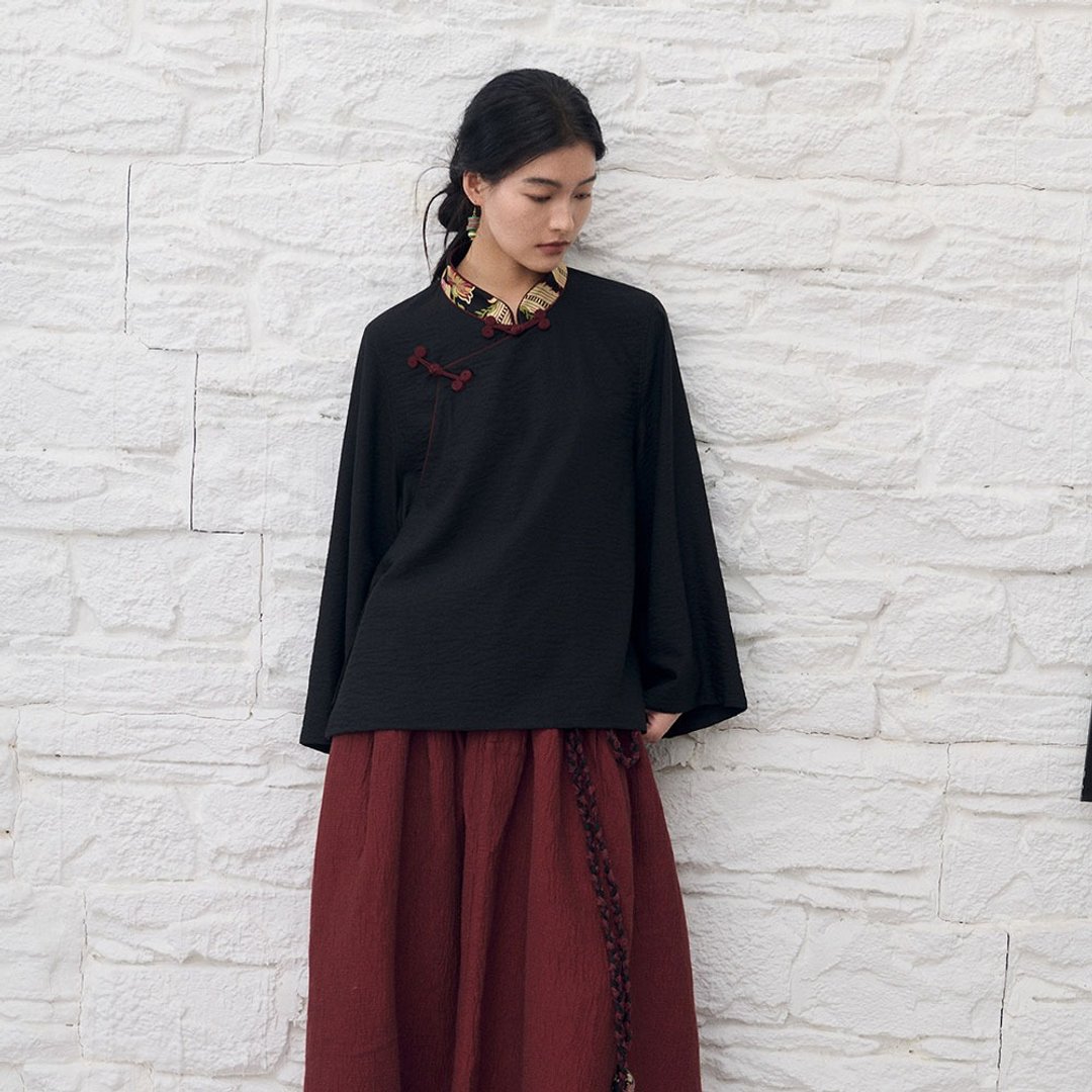 墨羽藏風立領襯衣 / 黑紅色國風茶服上衣 / 藏地詩意寬鬆款 - 女装上衣 - 其他材质 黑色