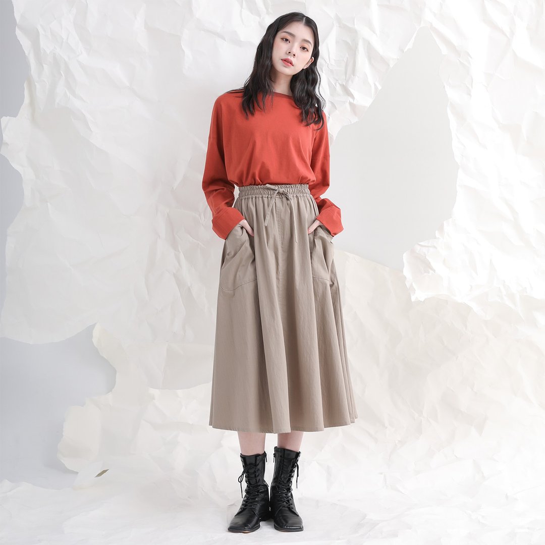 //SUMI x WEARMACAU// Zhiqiu_知秋条纹长裙_21AF203_卡其条纹 - 裙子 - 聚酯纤维 卡其色