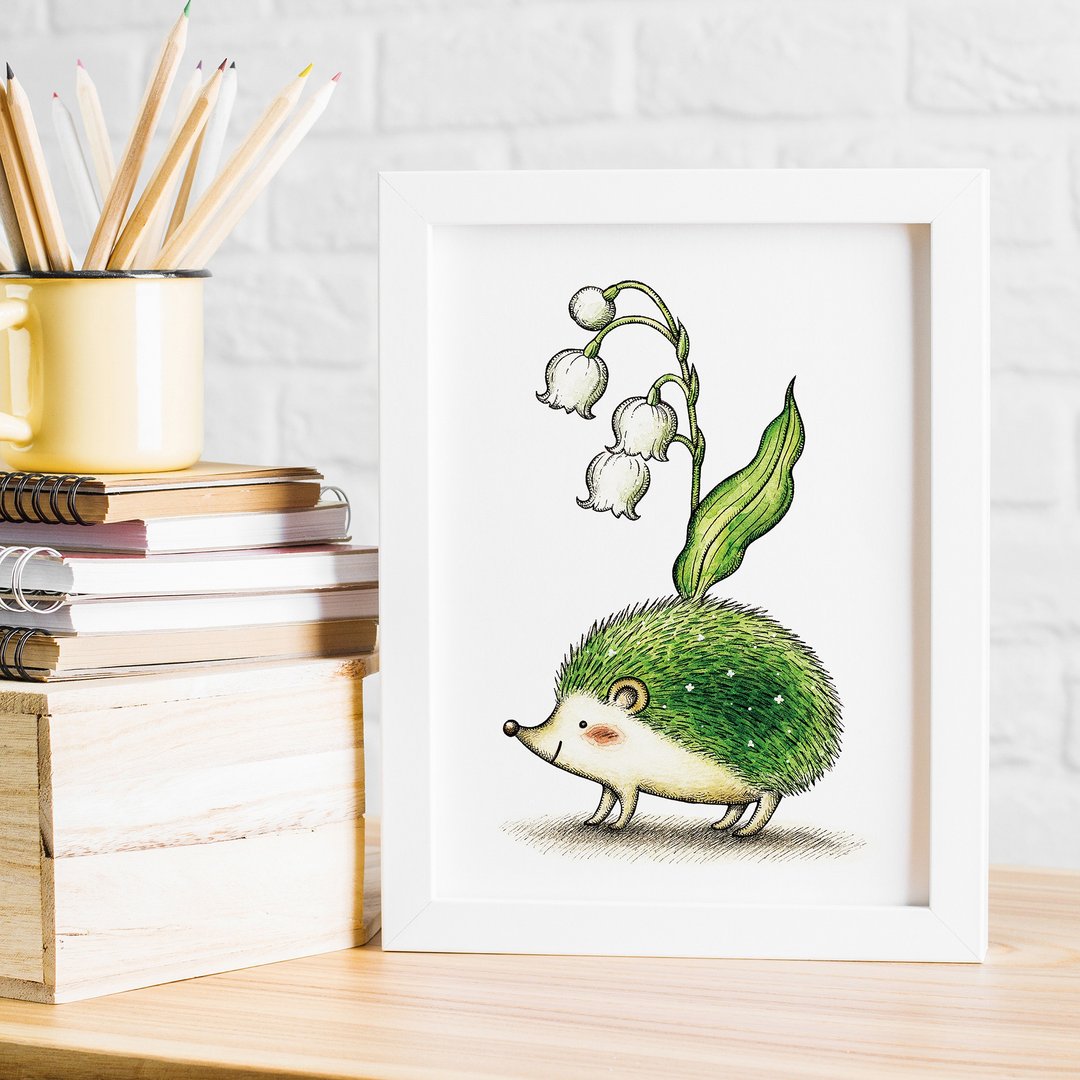 5×7 Lily of valley hedgehog Art print - 海报/装饰画/版画 - 纸 绿色