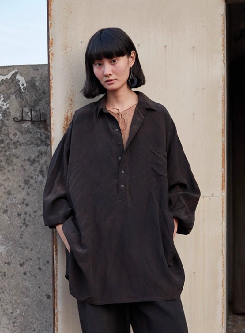 复古文青 真丝植物染衬衫上衣 - 女装衬衫 - 其他材质 黑色